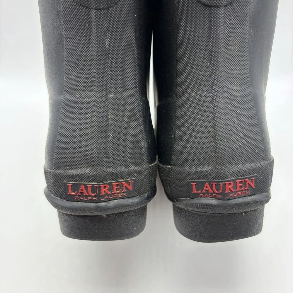 Ralph Lauren Rain Boots Womens 9 Mikenna Bo Rai Black Rubber Lace Up Ankle Read